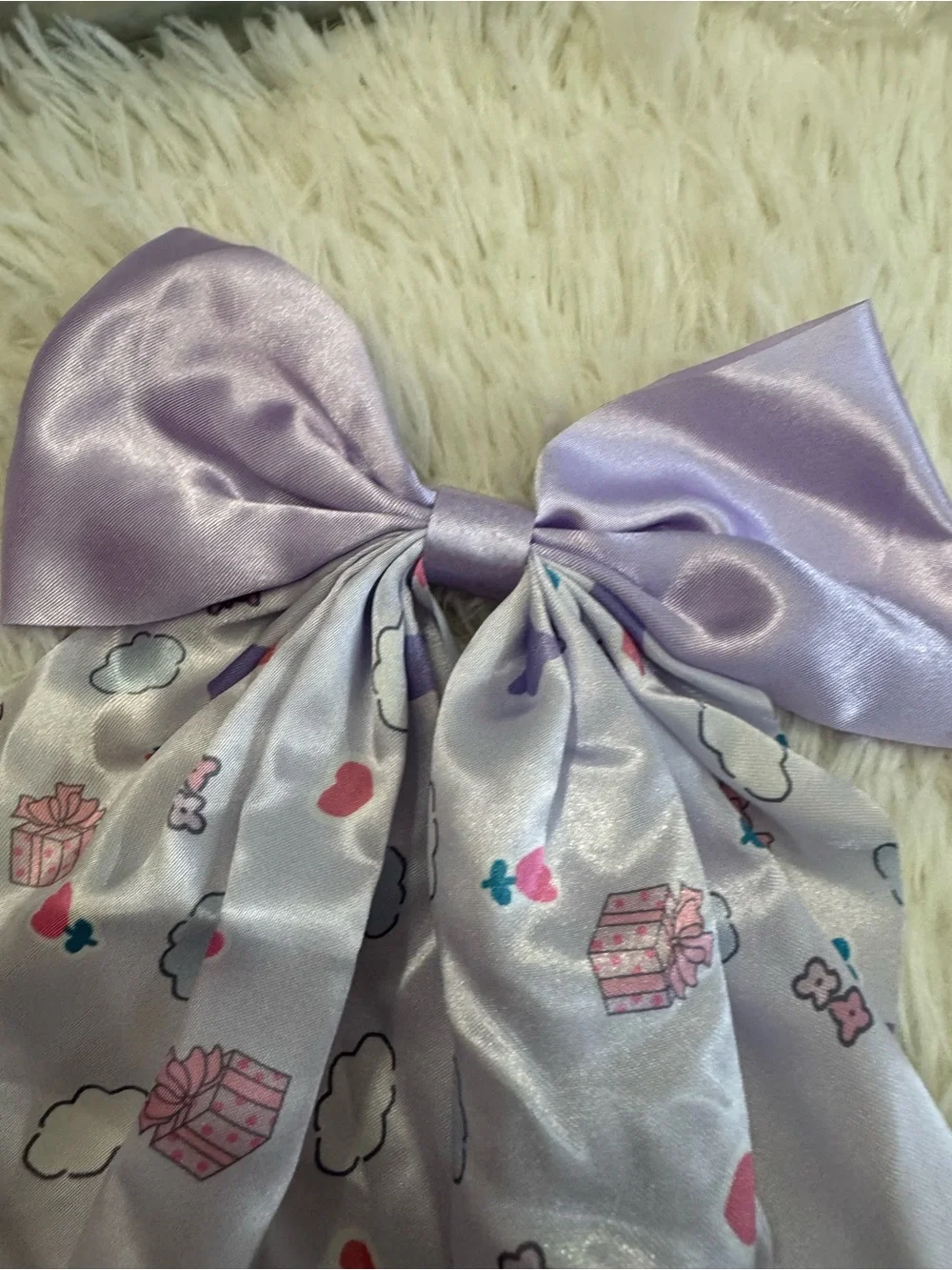 Kuromi Lavender Satin Bow Scarf hair pin with Cute Print
